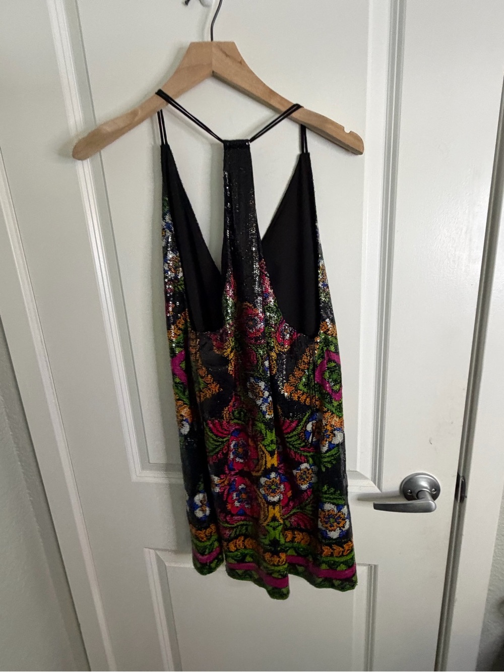 Free People Black Sequin Slip Dress with Multicolor Floral Embellishment - Picture 2 of 3